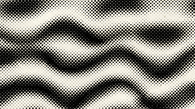 Abstract black and white wavy halftone texture, optical illusion ripple pattern background, monochrome retro dot design