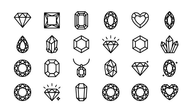 Diamond line icon set with luxury gemstones crystal jewels faceted gems and precious stone symbols isolated vector