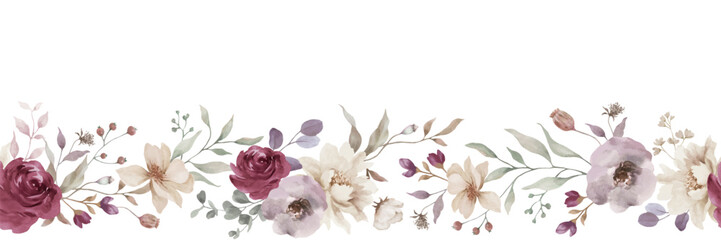 Watercolor burgundy rose floral seamless border, wedding marsala flower garland clipart, boho dusty purple eucalyptus horizontal frame isolated. Vector EPS. © Alla