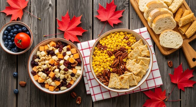 Happy Thanksgiving Healthy autumn bowl with corn pecans cheese and crackers served on rustic wooden table with maple leaves and fresh blueberries