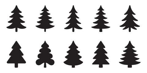 Obraz premium Collection of black pine trees silhouettes isolated on transparent background simple graphic elements.