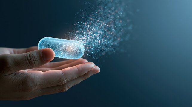 Faceless hands holding a glowing translucent digital pill capsule representing digital medicine and pharmaceutical innovation