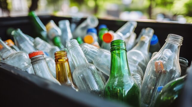 Metal recycling bin filled with empty glass bottles of different colors. Waste sorting concept