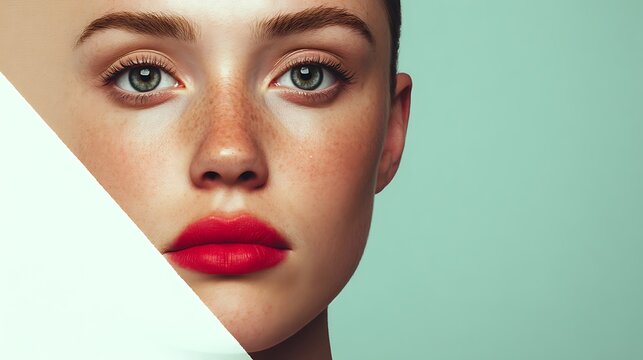 Close-up portrait of a young woman with flawless skin, red lipstick, and freckles, partially covered by a white geometric shape against a pastel background.