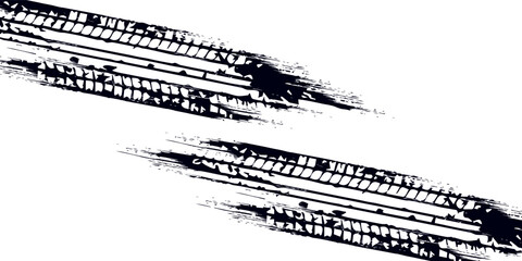 Obraz premium Grunge tire track, wheel braking marks. Truck, car or motorcycle tread pattern silhouette. Auto race, motorsport, speed racing design element. Vector illustration