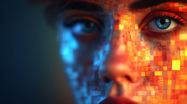 A close-up of a human face partially transformed into a digital mosaic, blending organic features with glowing, pixelated technology.
