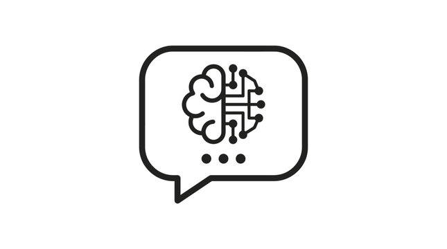 A digital illustration of a brain with circuit board lines inside a speech bubble on a white background.