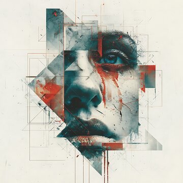 A fragmented, abstract digital portrait of a face blending geometric shapes, textures, and muted colors with red accents, evoking emotion and complexity.