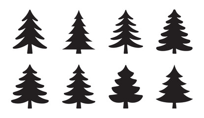 Obraz premium Set of eight pine tree silhouettes in flat black vector design isolated on a transparent background.