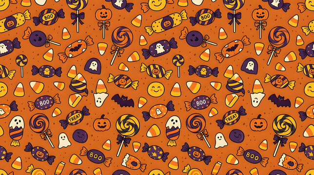 Seamless Halloween pattern with cute cartoon candies lollipops and pumpkins vector background