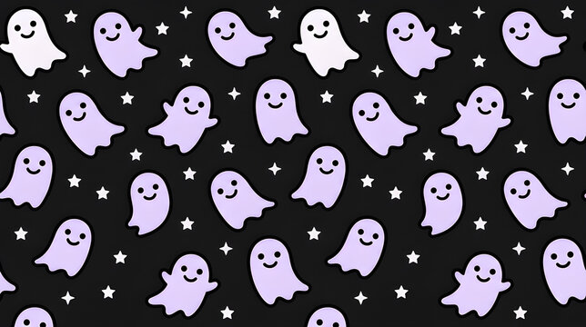 Cute floating cartoon ghosts seamless pattern with stars on black vector background