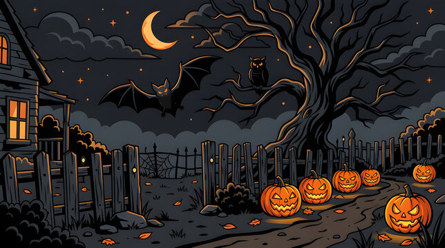 Spooky Halloween night landscape with glowing jack o lanterns and haunted house vector illustration