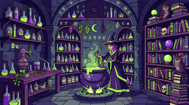 Witch brewing a magic green potion in a cauldron inside her laboratory vector illustration