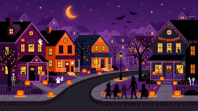 Trick or treating children on a decorated neighborhood street at night vector illustration