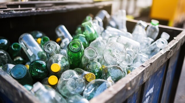 Metal recycling bin filled with empty glass bottles of different colors. Waste sorting concept