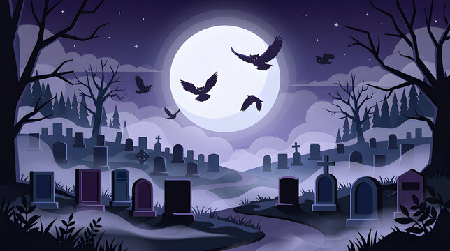 Foggy Halloween graveyard landscape under a large full moon with owls vector illustration