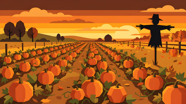 Geometric low poly pumpkin patch field with a scarecrow at sunset vector illustration