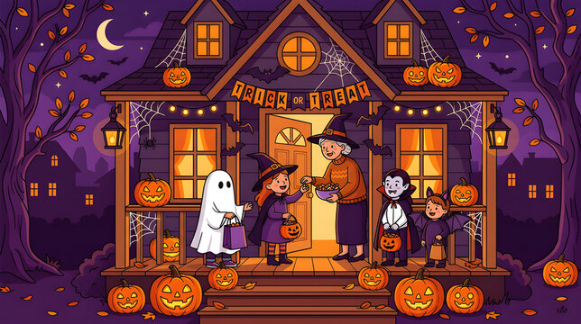 Elderly woman handing out candy to trick or treating children on a porch vector illustration