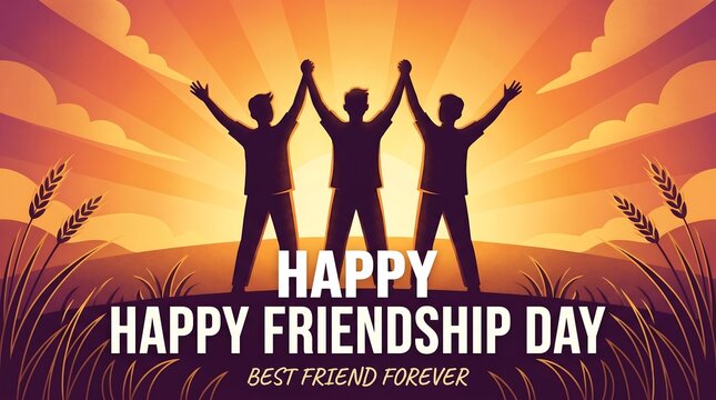 Happy Friendship Day greeting card with male silhouettes, best friend forever celebration banner, sunset landscape with friends holding hands