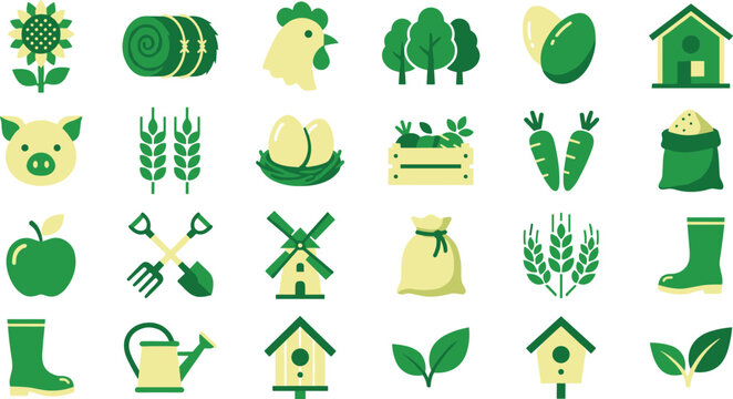 Agriculture and flat farm icon vector set with livestock wheat windmill tools crops and poultry elements.