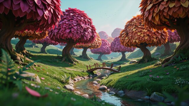 Magical enchanted forest scene with colorful autumn trees and a small stone bridge