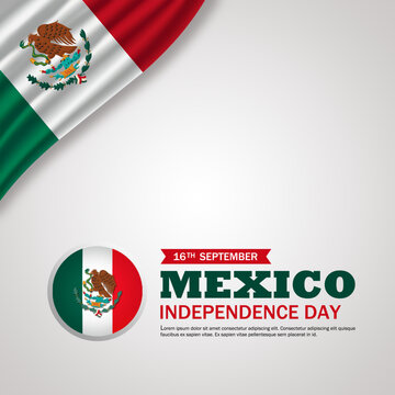 D&iacute;a de la Independencia -  216th Anniversary Mexico Independence Day 16th Septemebr 2026 Greeting Banner with Waving Mexican Flags and Round Flag Icon. 