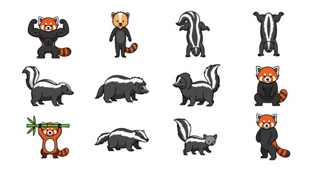 Fototapeta premium Collection of cartoon red panda and skunk icons.