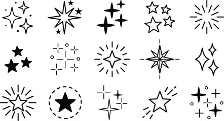 Black sparkle and star icon set with glistening light bursts magic twinkling elements and decoration symbols vector. © Shukimon