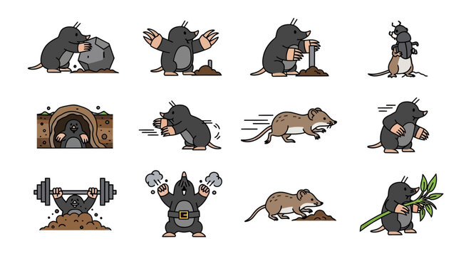 Cartoon mole and shrew character icon collection.