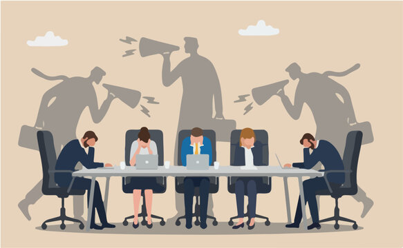 Self criticism, negative critic thinking to blame yourself, guilt or depression to rant or inner anxiety, anger or stress psychology concept, depressed businessman self shadow blame with megaphone