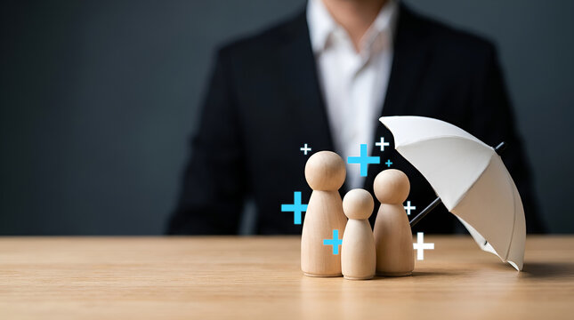 Family figures under umbrella symbolizing health insurance coverage, medical protection, and financial support for healthcare and wellbeing. 