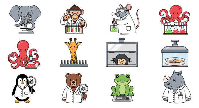 Laboratory animals performing scientific experiments and medical research icons.
