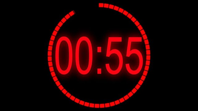 One Minute Neon Countdown Timer Animation, 60 Second Digital Timer on Black Background, 4K. countdown in red