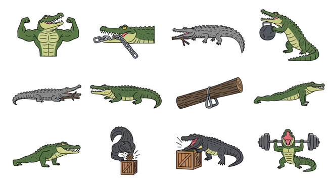 Set of crocodile and alligator illustrations in various poses.