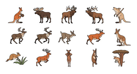 Obraz premium Wildlife icon set featuring deer, elk, and kangaroo characters.