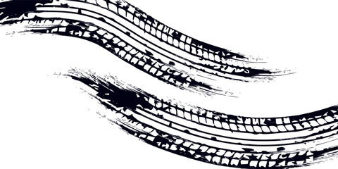 Obraz premium Grunge tire track, wheel braking marks. Truck, car or motorcycle tread pattern silhouette. Auto race, motorsport, speed racing design element. Vector illustration