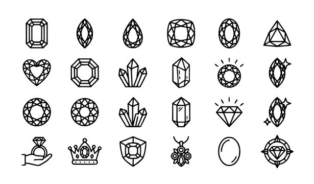 Luxury diamond icon collection with crystal gemstone jewel sparkle and precious stone line symbols editable vector set