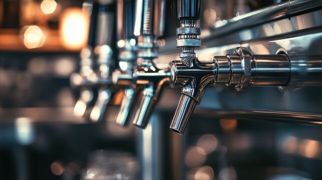Row of polished chrome beer taps in a row at a modern bar counter. Close up view