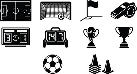 Soccer Sports Icons Set with Field Goal Scoreboard Trophy Ball and Referee Equipment © Mim