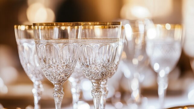 Row of luxurious cut crystal glasses with gold rims arranged on a festive restaurant table setting