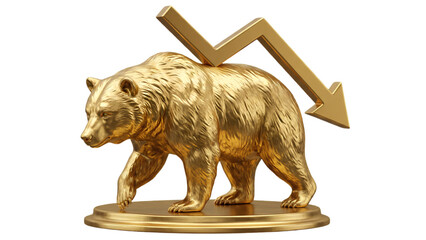 Bear Market Symbol: A golden bear sculpture, a symbol of a declining stock market, stands with a downward trend arrow pointing from its back, representing economic downturn. © Orbit.Stock