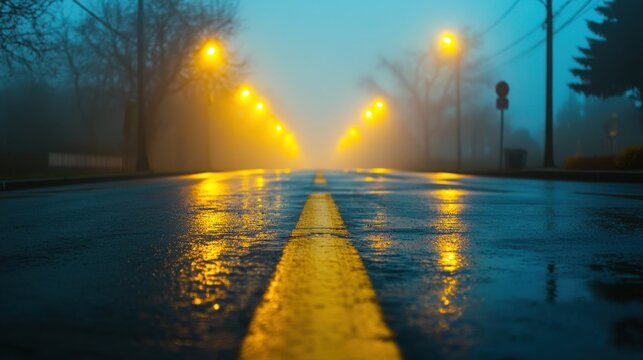 Low angle view of an empty wet asphalt road with yellow lines under bright streetlights in a foggy night