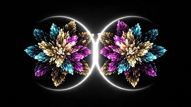 Vibrant Colorful Fractal Floral Patterns with Luminous Circles in Symmetrical Digital Art Composition