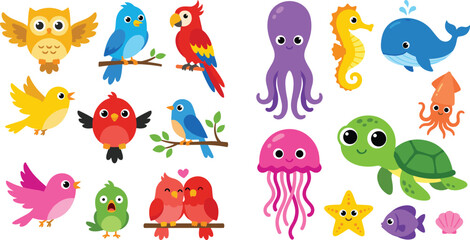 Cute cartoon bird and sea animal sticker vector set with owl parrot whale octopus jellyfish turtle and colorful fish. © Shukimon