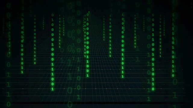 Abstract digital background with falling green binary code streams over a dark technological grid