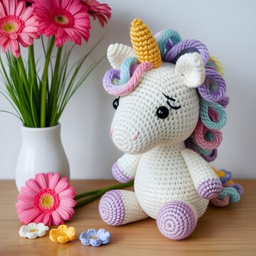 Unicornio de amigurumi tejido a ganchillo sentado junto a un jarr&oacute;n con flores gerberas rosas en fondo blanco