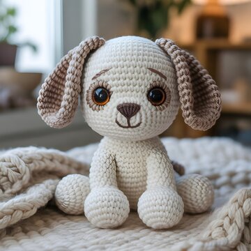 Perro de juguete amigurumi tejido a ganchillo sentado sobre una manta de punto beige con fondo difuminado