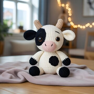 Lindo peluche de vaca amigurumi tejido a ganchillo sentado sobre una mesa de madera con fondo de luces bokeh