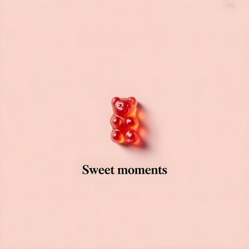 Osito de goma rojo y texto "Sweet moments" sobre fondo rosa minimalista, vista superior