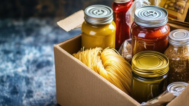 Cardboard box filled with essential food items including pasta, oil, canned goods, and jars. Donation concept